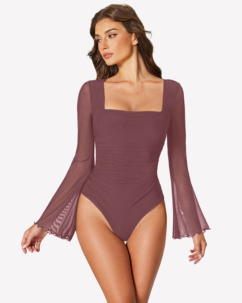 Long Bell Sleeve Mesh Square Neck Bodysuit