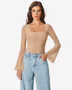 Long Bell Sleeve Mesh Square Neck Bodysuit