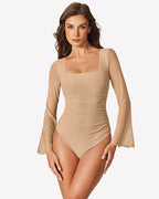 Long Bell Sleeve Mesh Square Neck Bodysuit