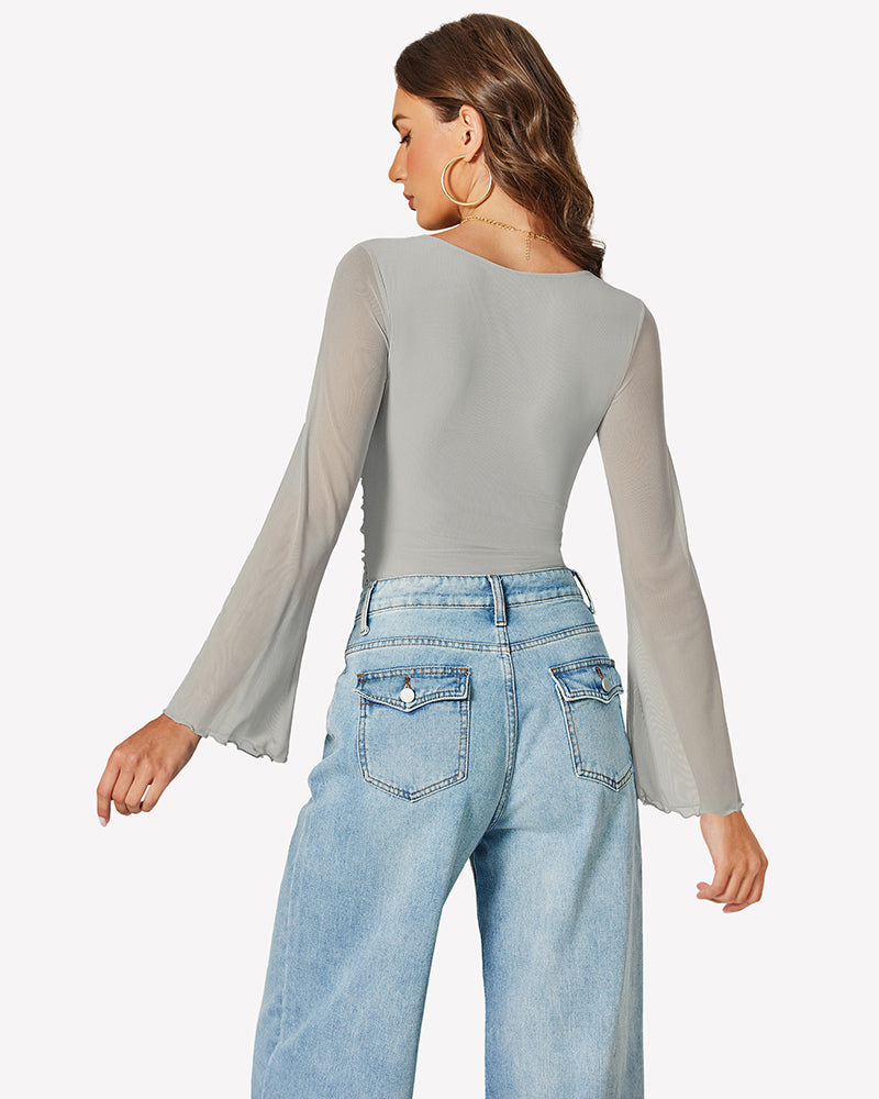 Long Bell Sleeve Mesh Square Neck Bodysuit