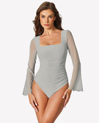 Long Bell Sleeve Mesh Square Neck Bodysuit