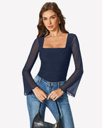 Long Bell Sleeve Mesh Square Neck Bodysuit