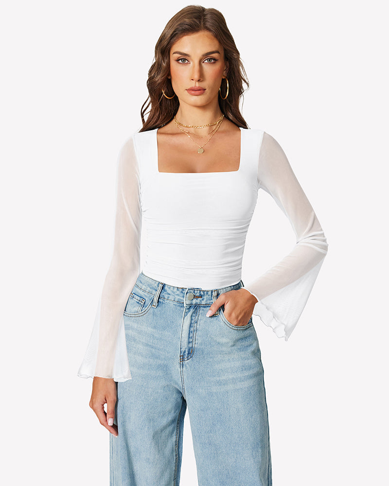 Long Bell Sleeve Mesh Square Neck Bodysuit