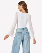 Long Bell Sleeve Mesh Square Neck Bodysuit