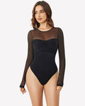 Long Sleeve Sheer Leotard Twist Knot Tops
