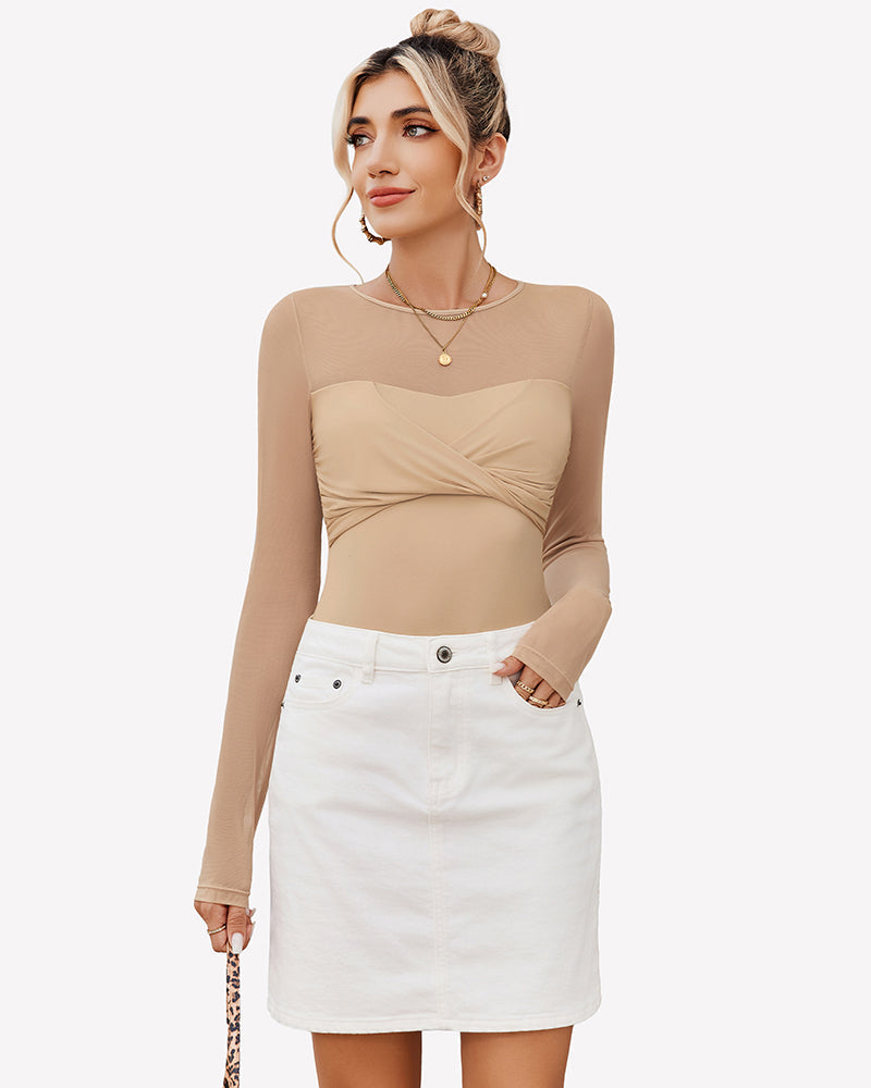 Long Sleeve Sheer Leotard Twist Knot Tops