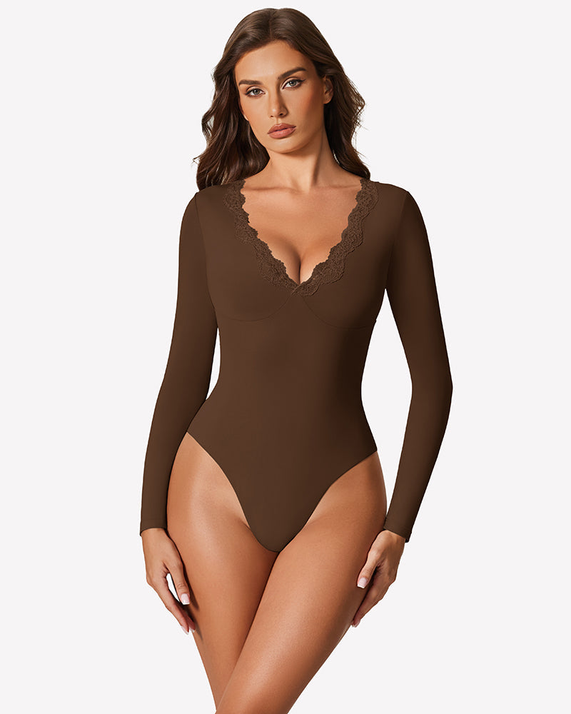 Long Sleeve Lace V Neck Leotard Shirt