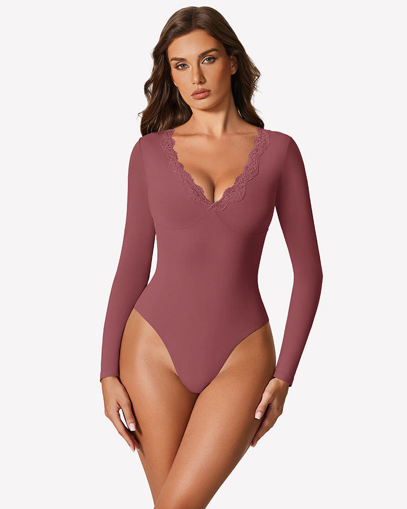 Long Sleeve Lace V Neck Leotard Shirt