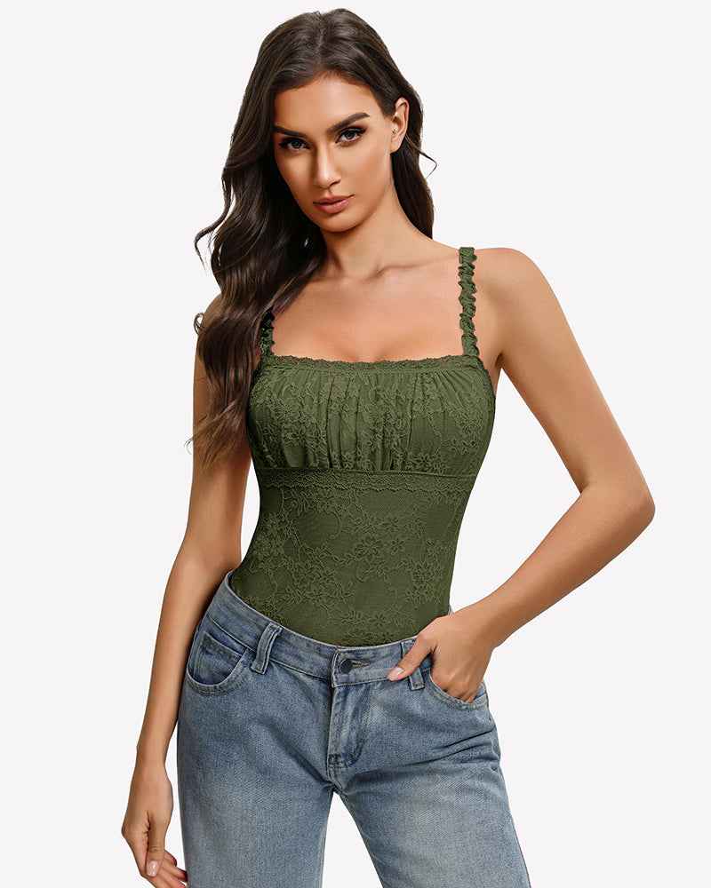 Lace Thong Bodysuit Square Neck Sleeveless Cami Going Out Top