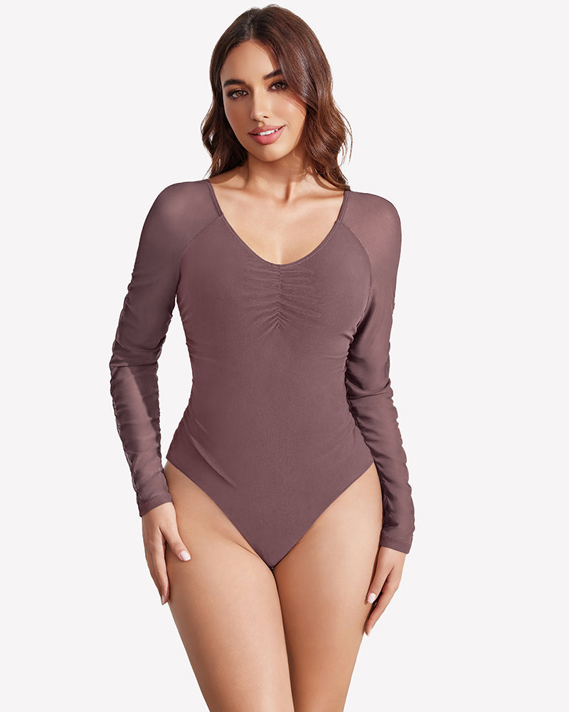 Long Sleeve Bodysuit Mesh Ruched Shapewear