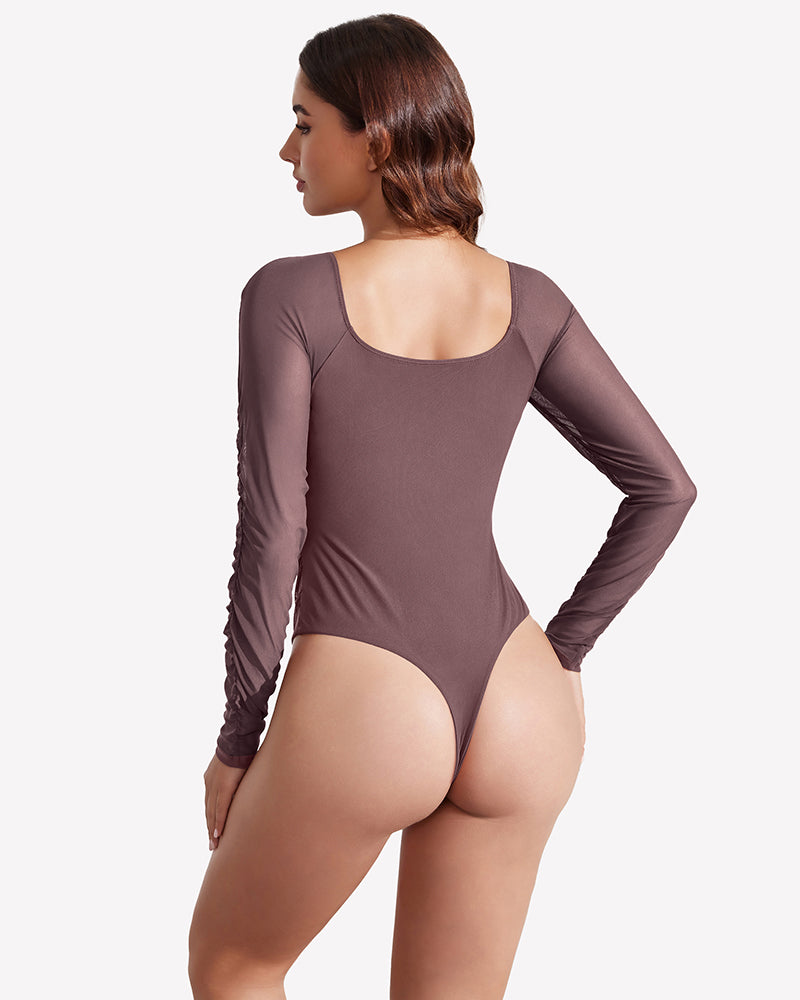 Long Sleeve Bodysuit Mesh Ruched Shapewear