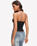 Halter Tank Tops Backless Ruched Double Lined Top