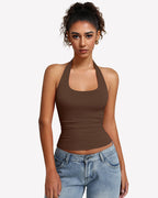 Halter Tank Tops Backless Ruched Double Lined Top