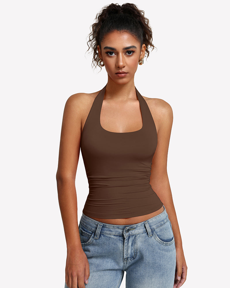 Halter Tank Tops Backless Ruched Double Lined Top