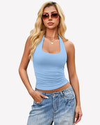 Halter Tank Tops Backless Ruched Double Lined Top