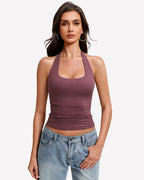 Halter Tank Tops Backless Ruched Double Lined Top