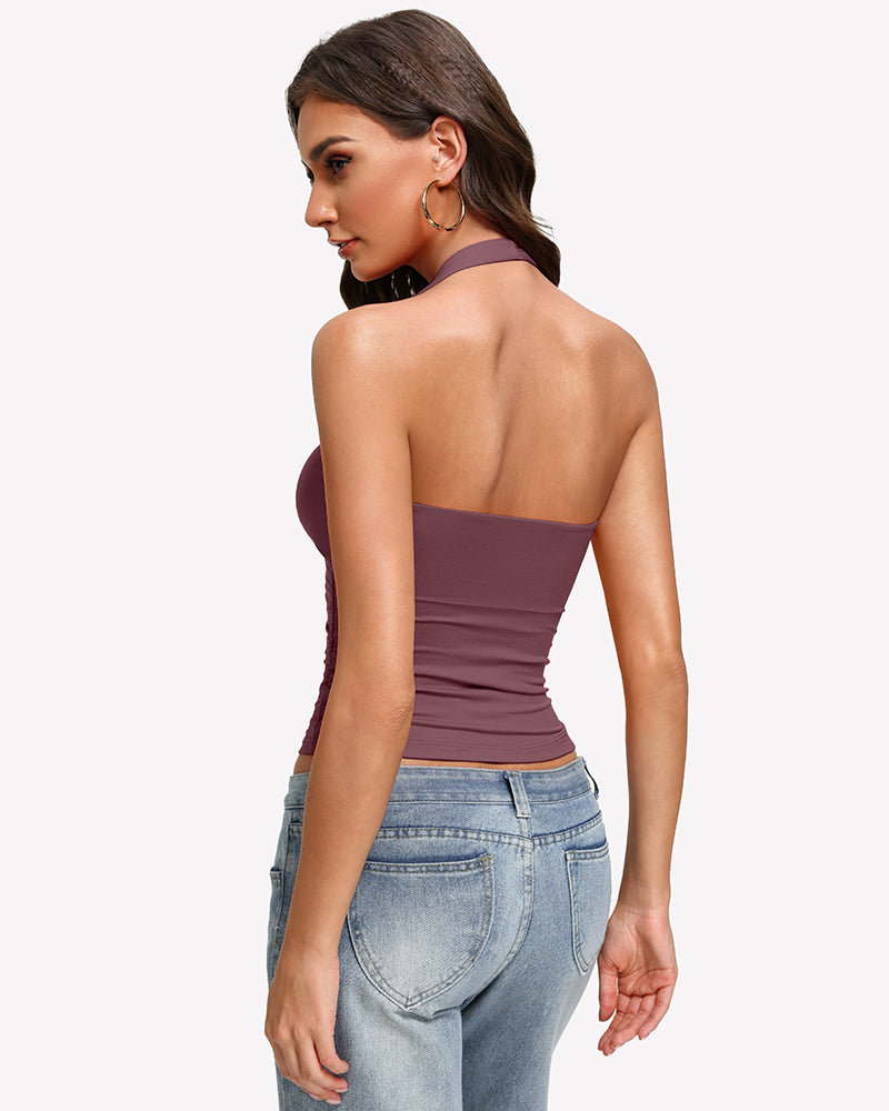 Halter Tank Tops Backless Ruched Double Lined Top