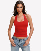 Halter Tank Tops Backless Ruched Double Lined Top