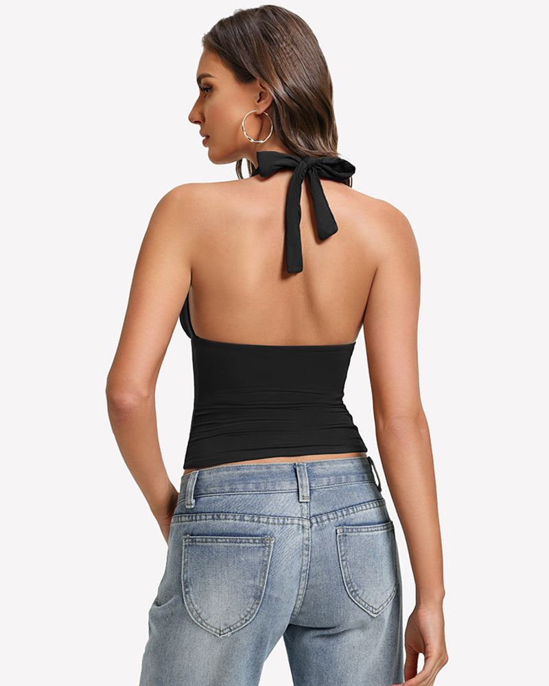 Deep V Halter Tank Top Double Lined Backless Y2K Going Out Top