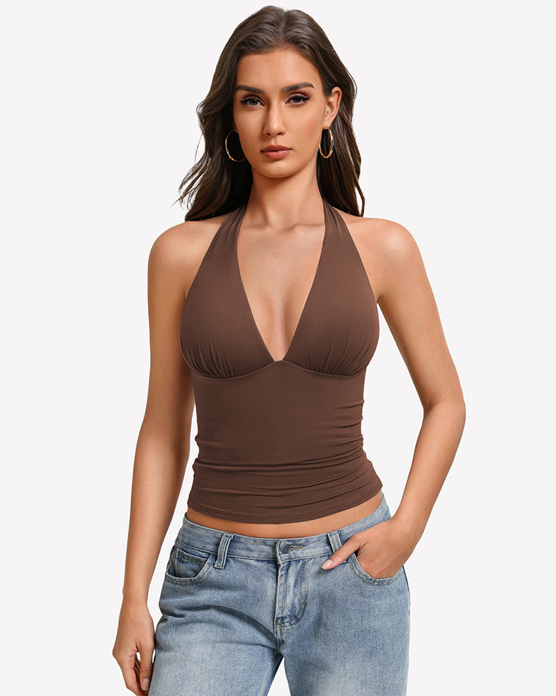 Deep V Halter Tank Top Double Lined Backless Y2K Going Out Top