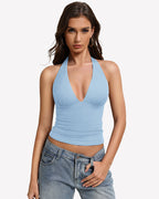 Deep V Halter Tank Top Double Lined Backless Y2K Going Out Top