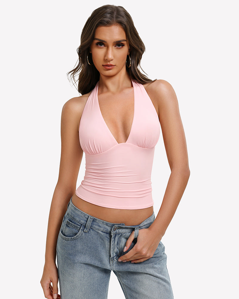 Deep V Halter Tank Top Double Lined Backless Y2K Going Out Top