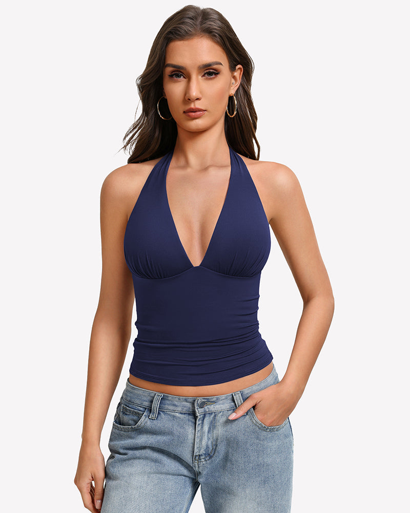 Deep V Halter Tank Top Double Lined Backless Y2K Going Out Top