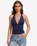 Deep V Halter Tank Top Double Lined Backless Y2K Going Out Top