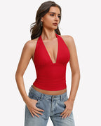 Deep V Halter Tank Top Double Lined Backless Y2K Going Out Top
