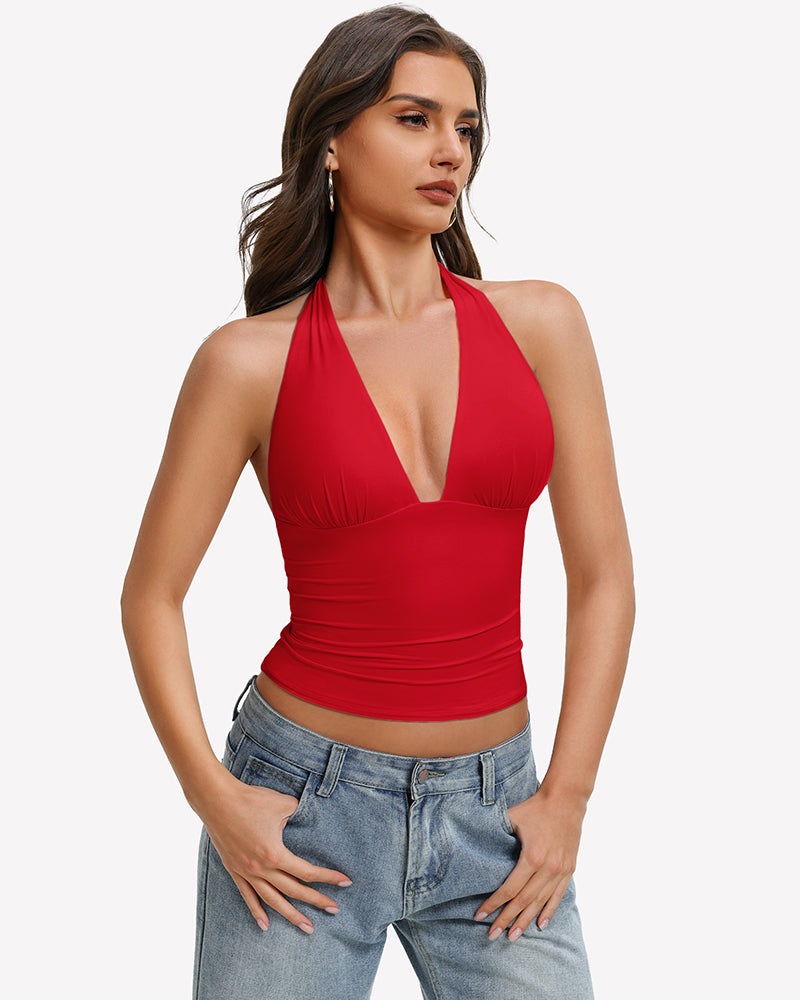 Deep V Halter Tank Top Double Lined Backless Y2K Going Out Top