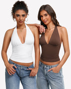 Deep V Halter Tank Top Double Lined Backless Y2K Going Out Top