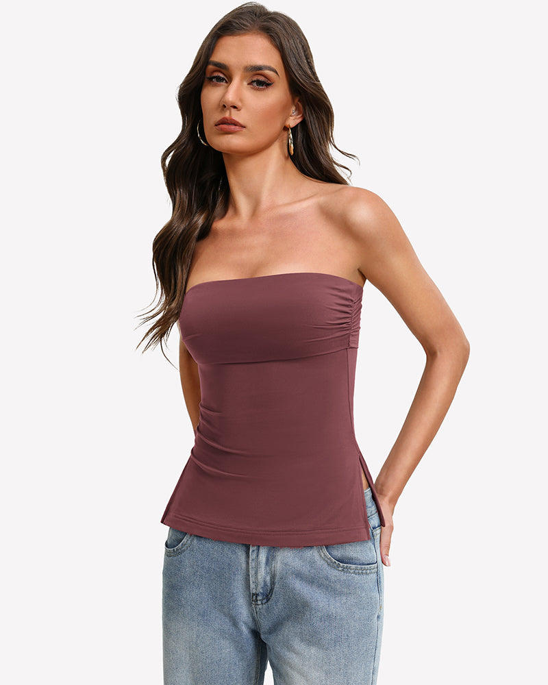 Bandeau Tube Top Double Lined Side Split Strapless Going Out Top