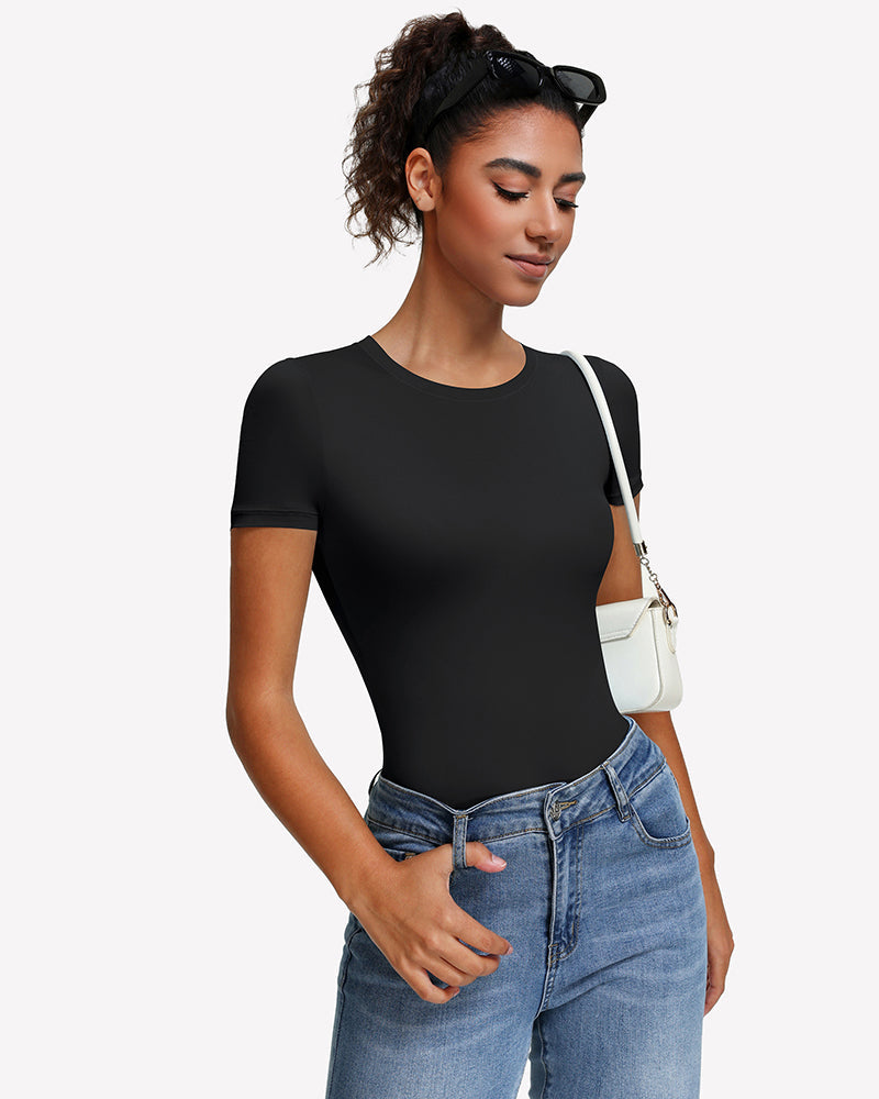 Short Sleeve Snap Bodysuit ?¡ìC One Piece Leotard Top