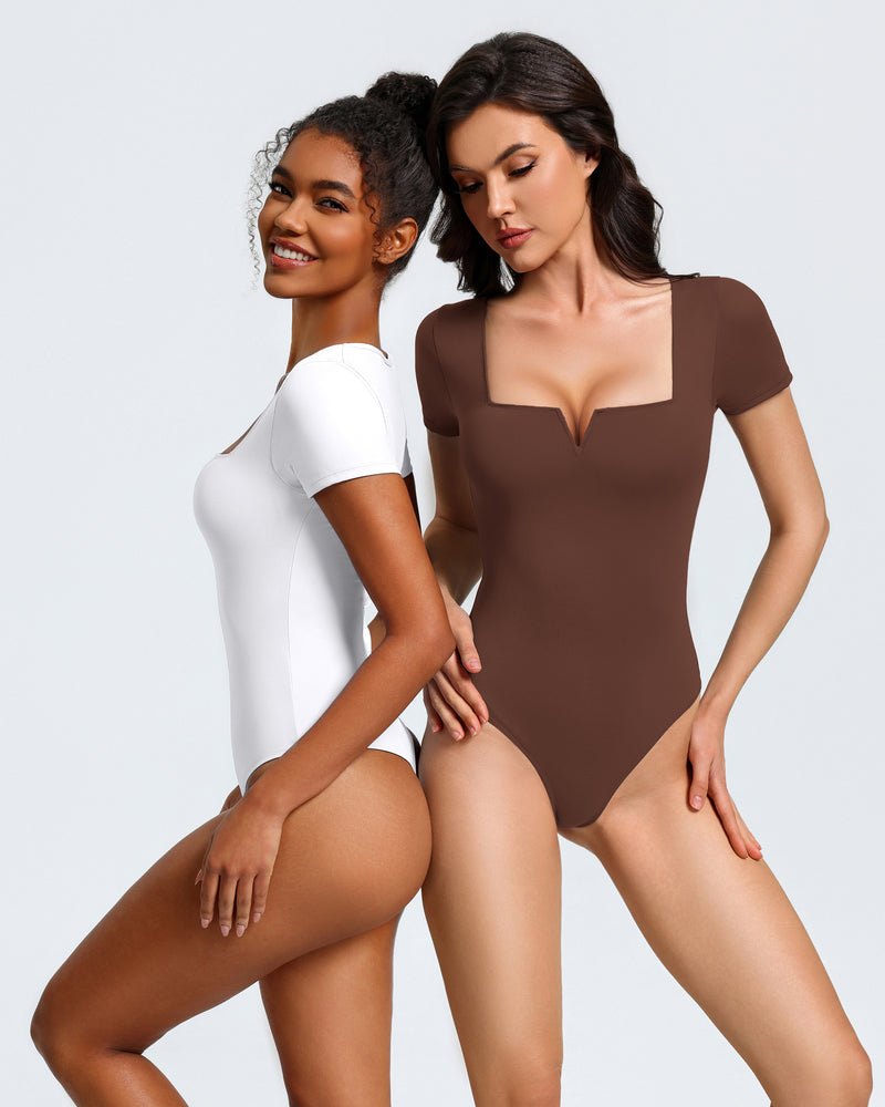 Short Sleeve Bodysuit Square Neck One-Piece T-Shirt Summer Top