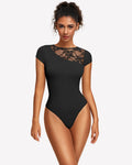 Lace Crew Neck Short Sleeve Thong Bodysuit