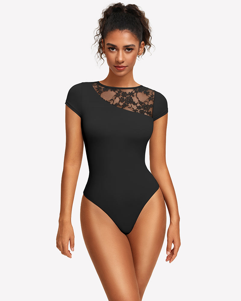 Lace Crew Neck Short Sleeve Thong Bodysuit
