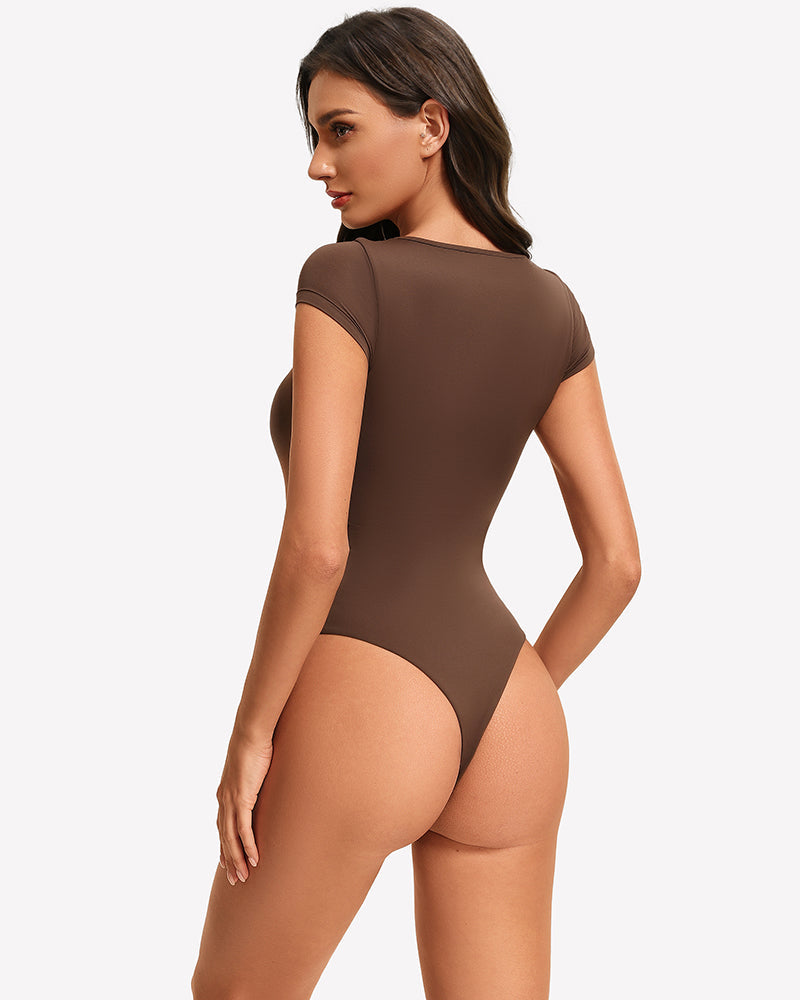 Lace Crew Neck Short Sleeve Thong Bodysuit