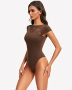 Lace Crew Neck Short Sleeve Thong Bodysuit