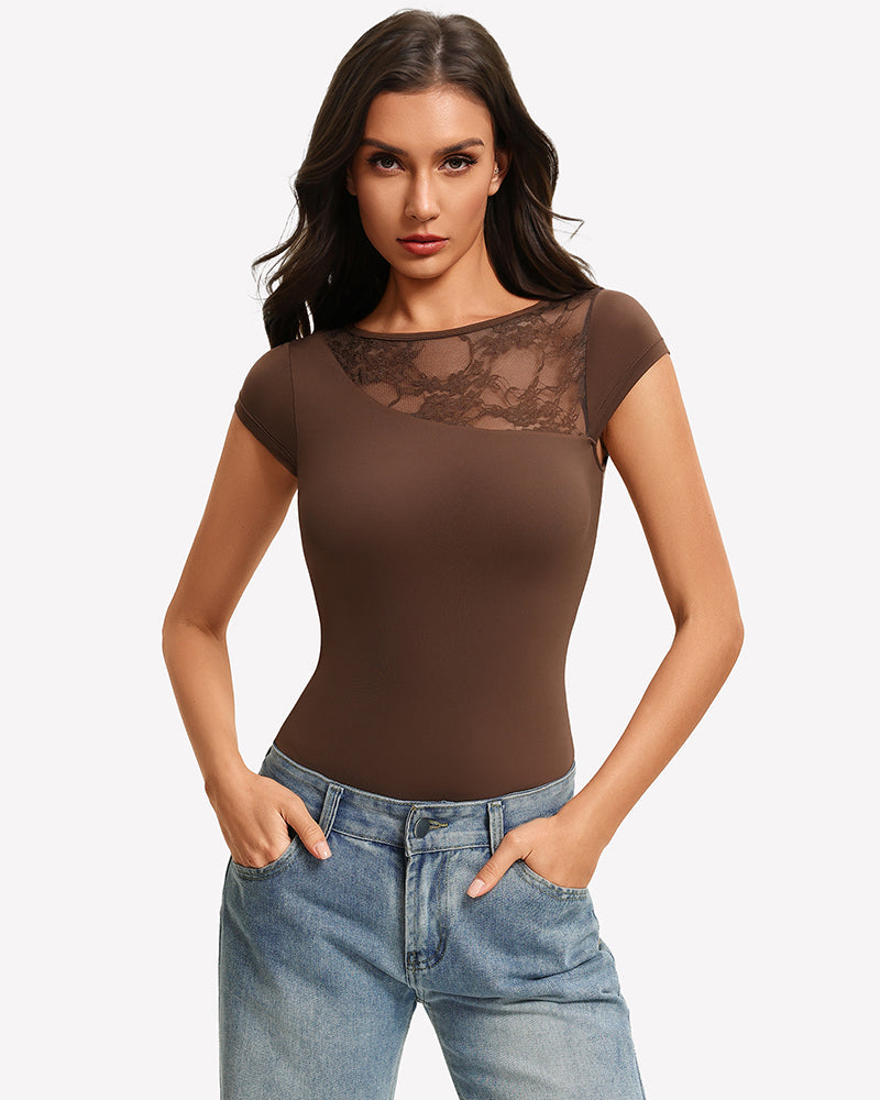 Lace Crew Neck Short Sleeve Thong Bodysuit
