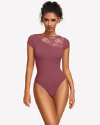Lace Crew Neck Short Sleeve Thong Bodysuit