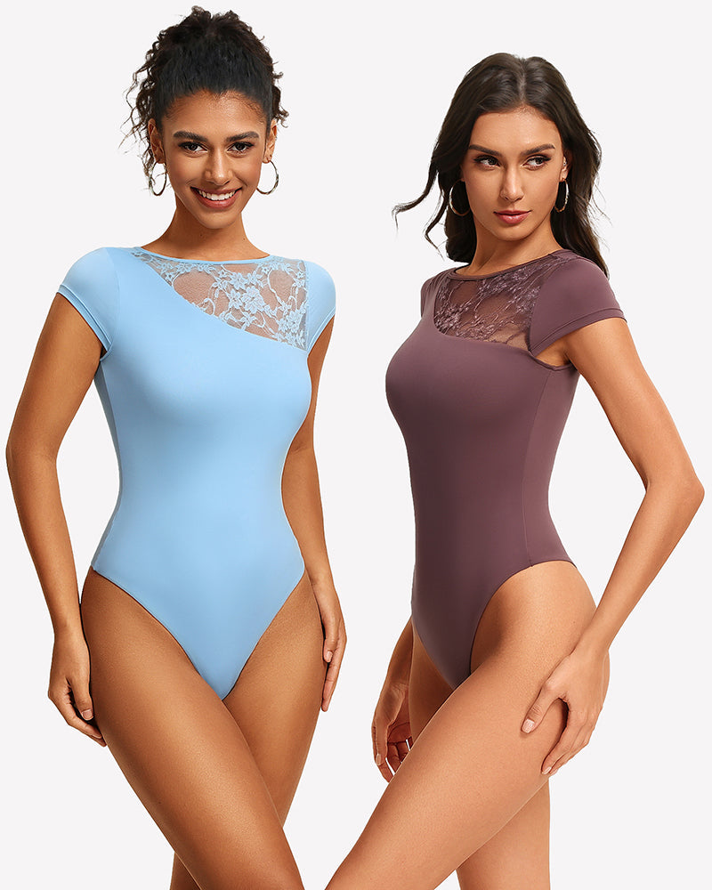 Lace Crew Neck Short Sleeve Thong Bodysuit