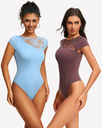 Lace Crew Neck Short Sleeve Thong Bodysuit