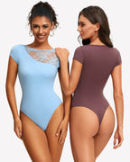 Lace Crew Neck Short Sleeve Thong Bodysuit