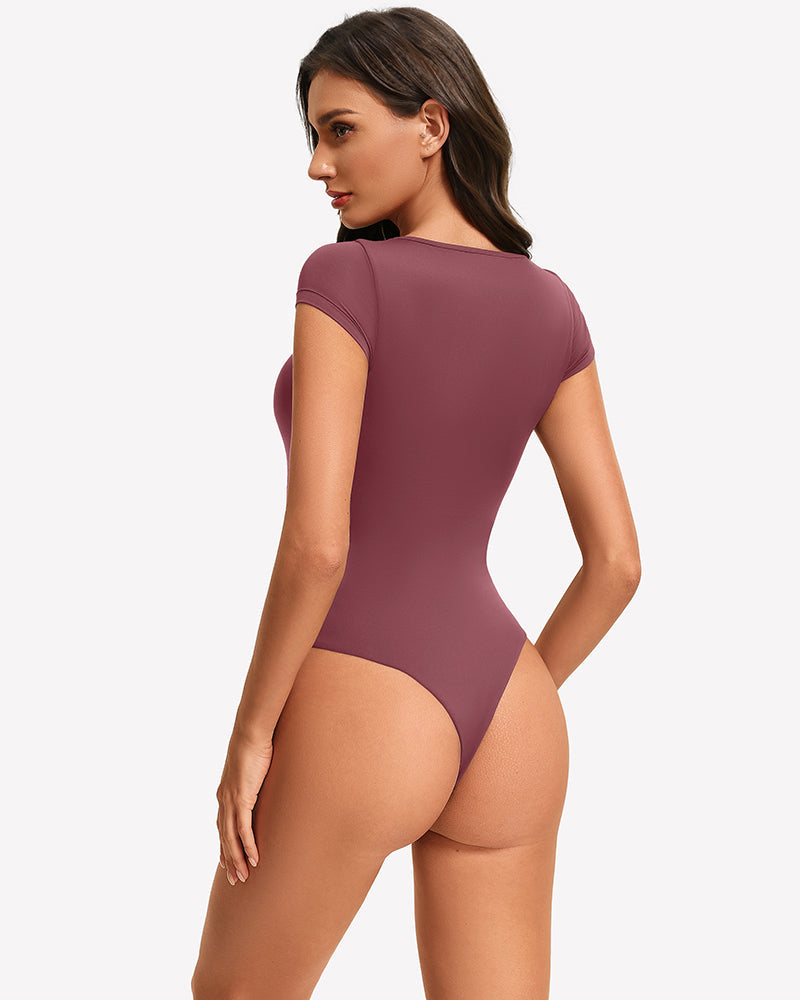 Lace Crew Neck Short Sleeve Thong Bodysuit