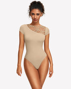 Lace Crew Neck Short Sleeve Thong Bodysuit