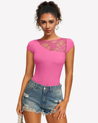 Lace Crew Neck Short Sleeve Thong Bodysuit