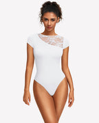 Lace Crew Neck Short Sleeve Thong Bodysuit