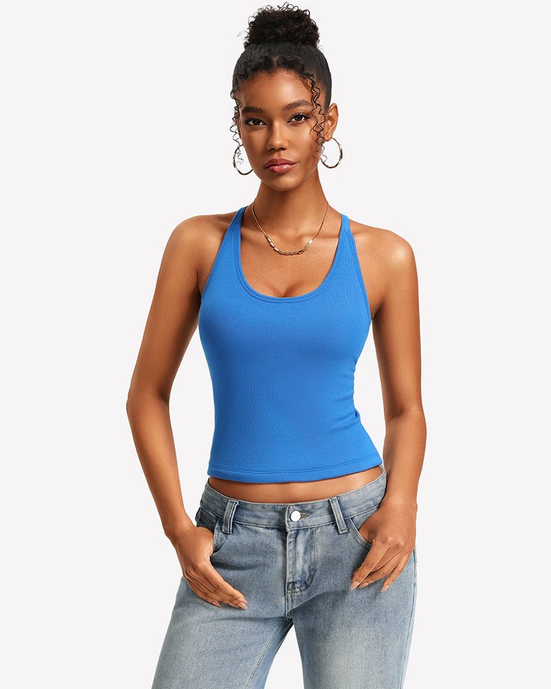 Tank Top with Built-In Bra - Ribbed Lace Racerback, Removable Pads