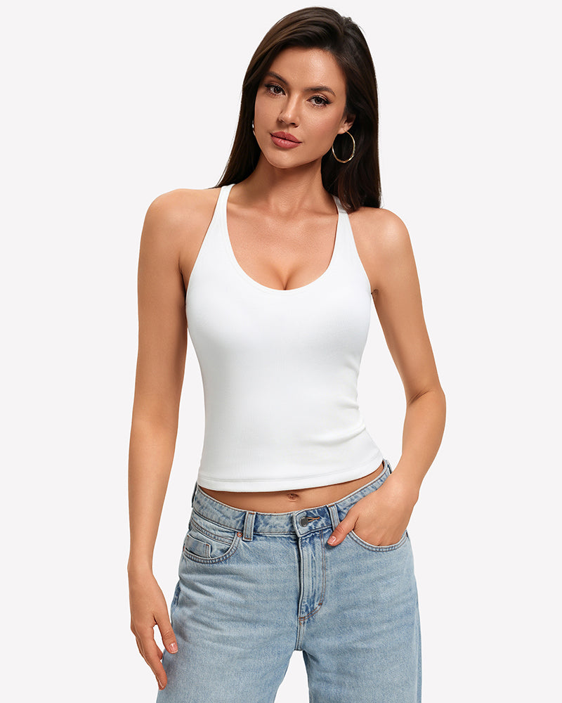 Tank Top with Built-In Bra - Ribbed Lace Racerback, Removable Pads