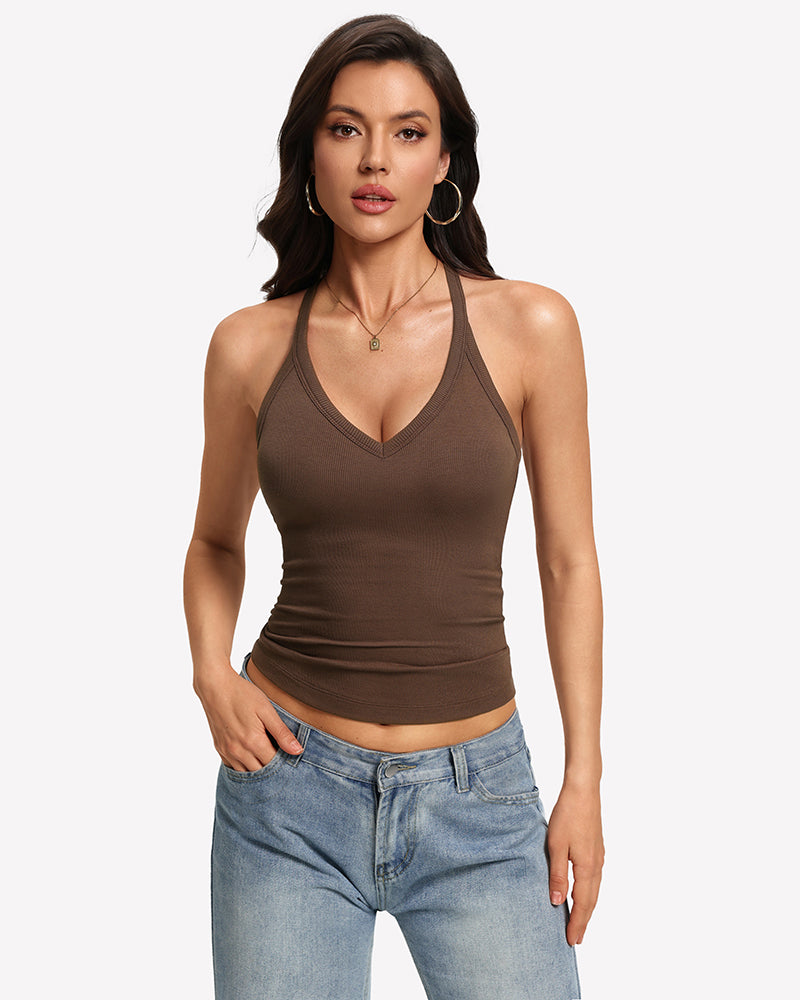 V Neck Tank Top with Built-In Bra Ribbed Racerback Fitted Cami